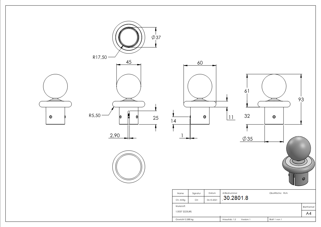 Bouton de tube à bille pour Ø 42.4x2.5-2.9 mm | Acier S235JR, brut