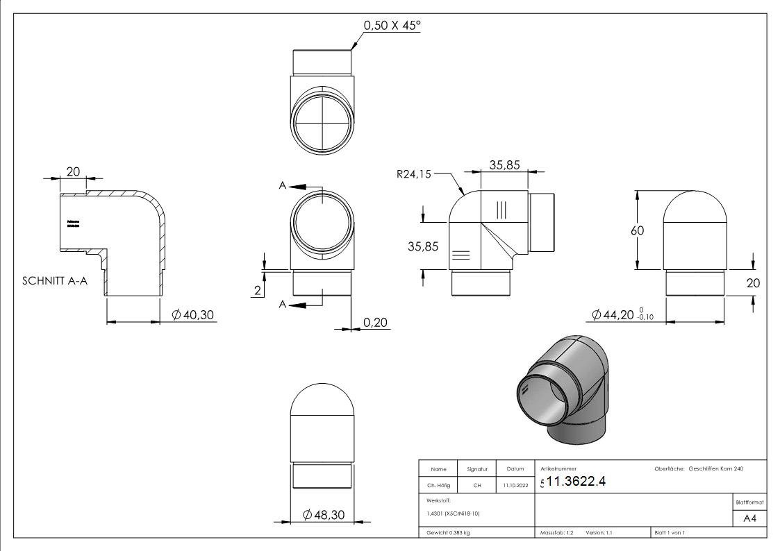 Coude 90° étroit, pour tube rond Ø 48.3x2.0 mm V2A