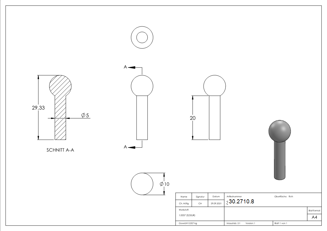 Boulon à tête sphérique Ø 5/10 mm | Acier S235JR, brut