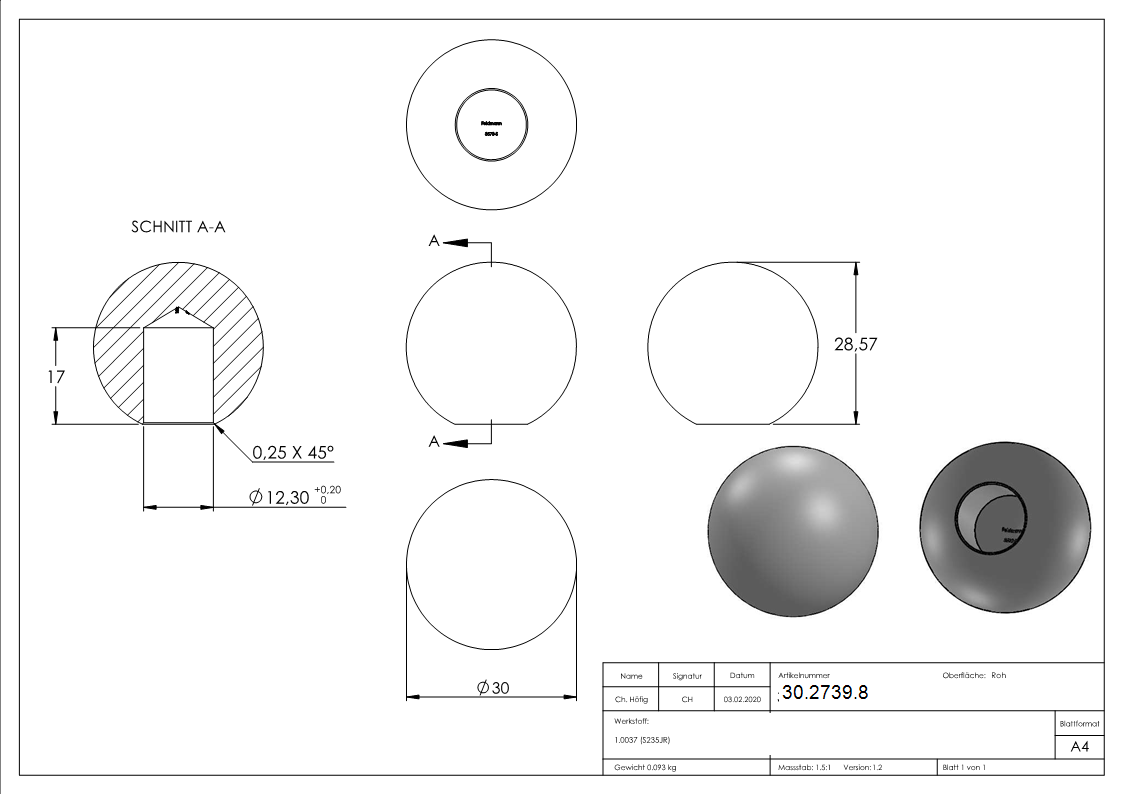 Boule Ø 30 mm | avec trou borgne 12,2 mm | acier S235JR, brut