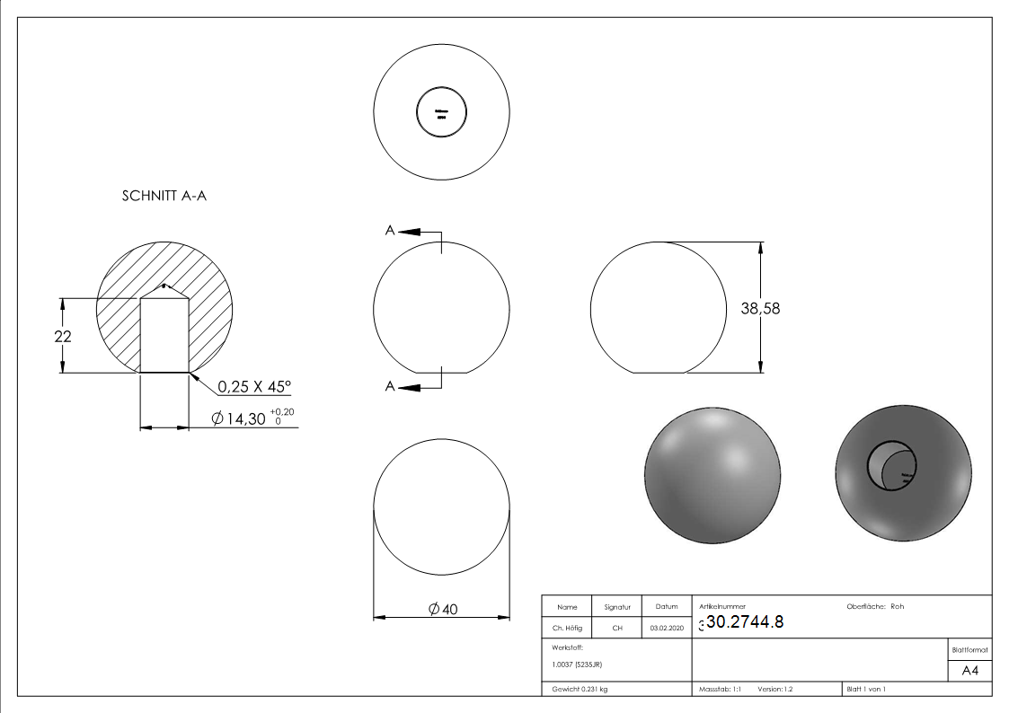 Boule Ø 40 mm | avec trou borgne 14,2 mm | acier S235JR, brut