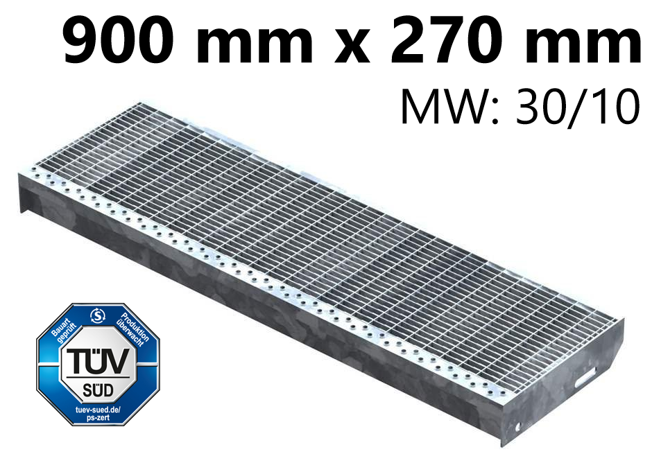 Marche en caillebotis Marche d'escalier | Dimensions : 900x270 mm 30/10 mm | S235JR (St37-2), galvanisé à chaud en bain complet