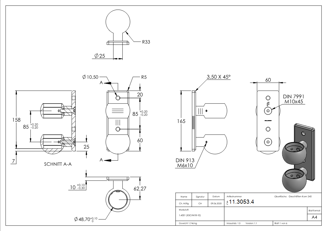 Support mural pour tube rond Ø 48,3 mm V2A