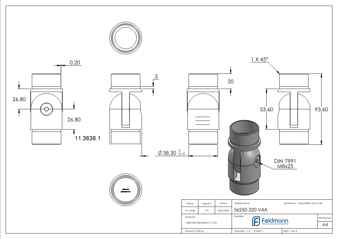 Gelenkstueck fuer Rundrohr Ø 42-4x2-0 mm V4A-11-3636.1