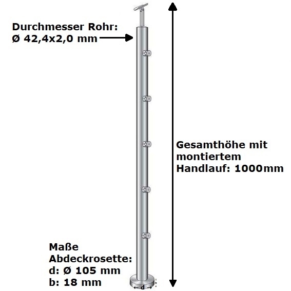 Poteau de balustrade | longueur : 1000 mm | pour montage en surface | V2A