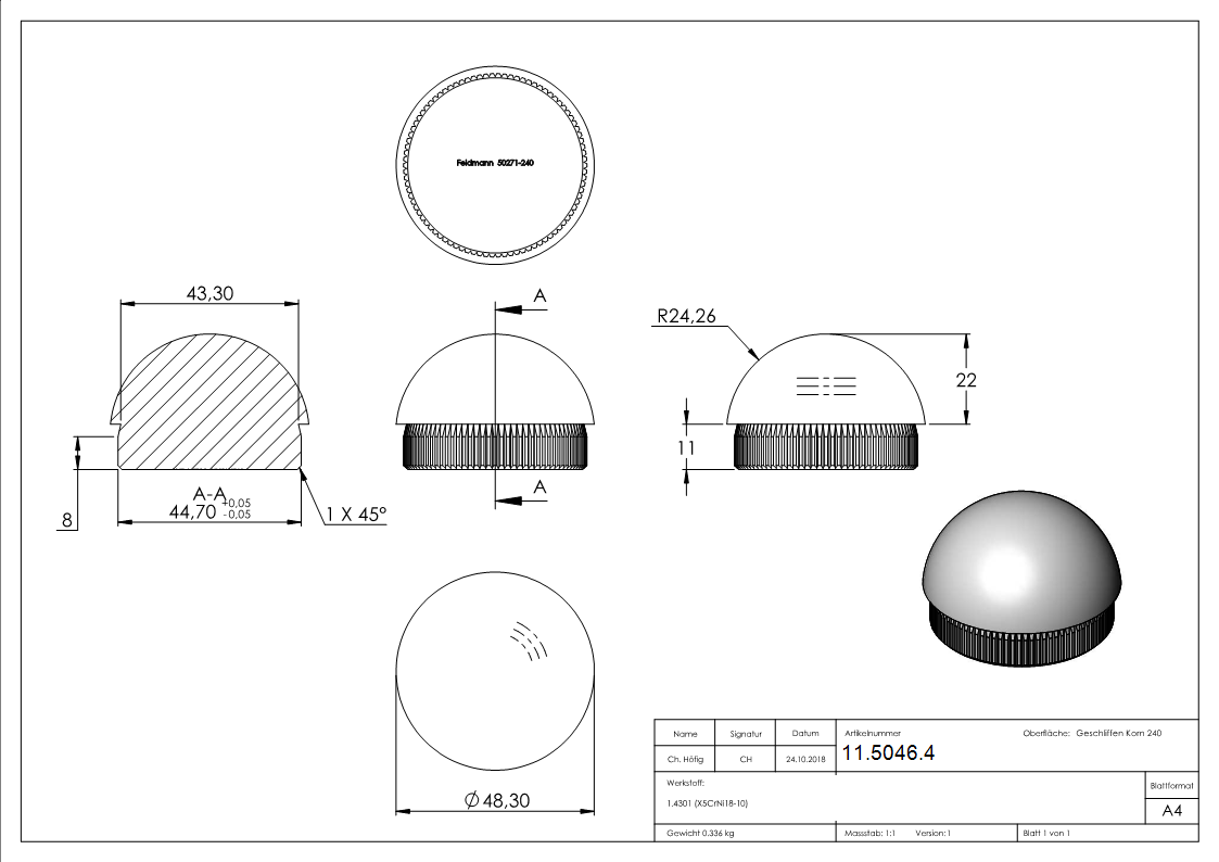 Bouchon demi-rond V2A matériau plein pour Ø 48,3x2,0 mm