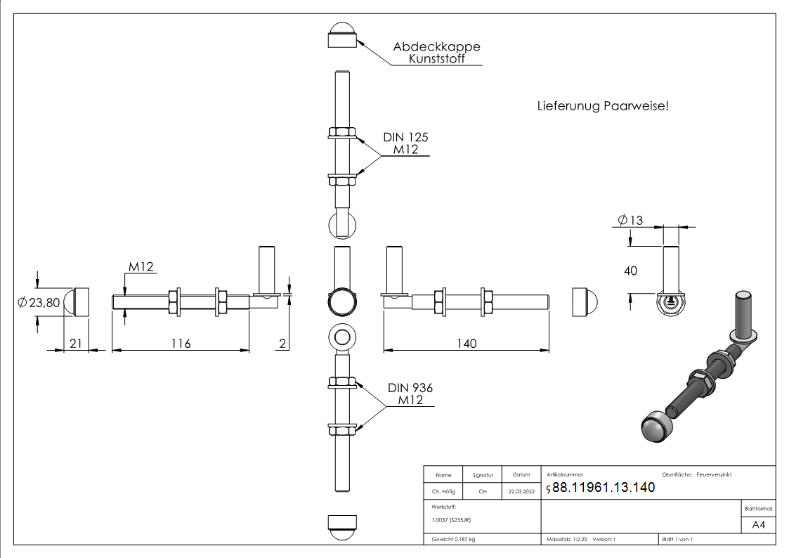 Ruban de suspension charnière de porte à visser pour Ø 13mm, longueur 140mm