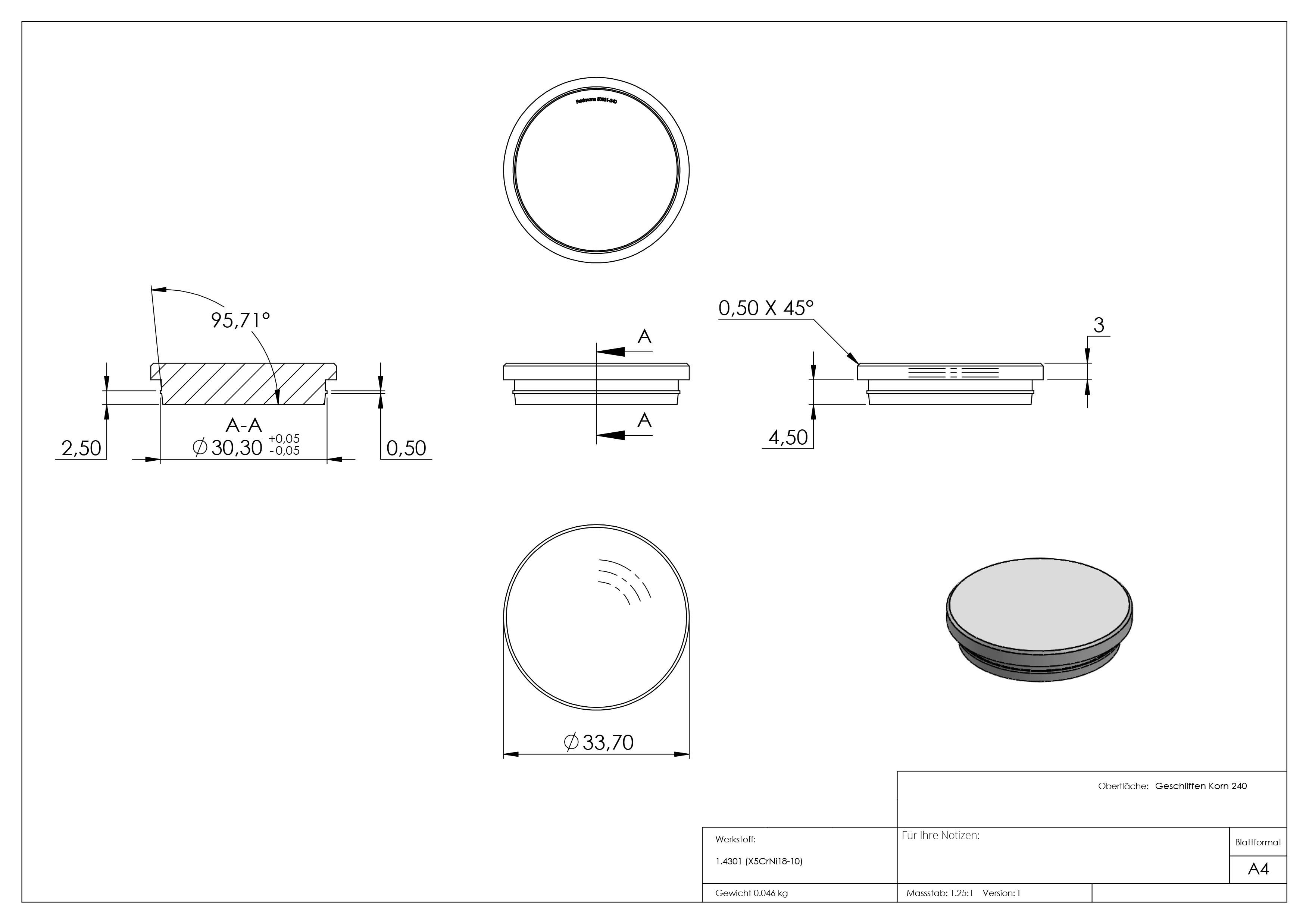 Bouchon | plat | matériau solide | pour tube rond : Ø 33.7x2 mm | V2A