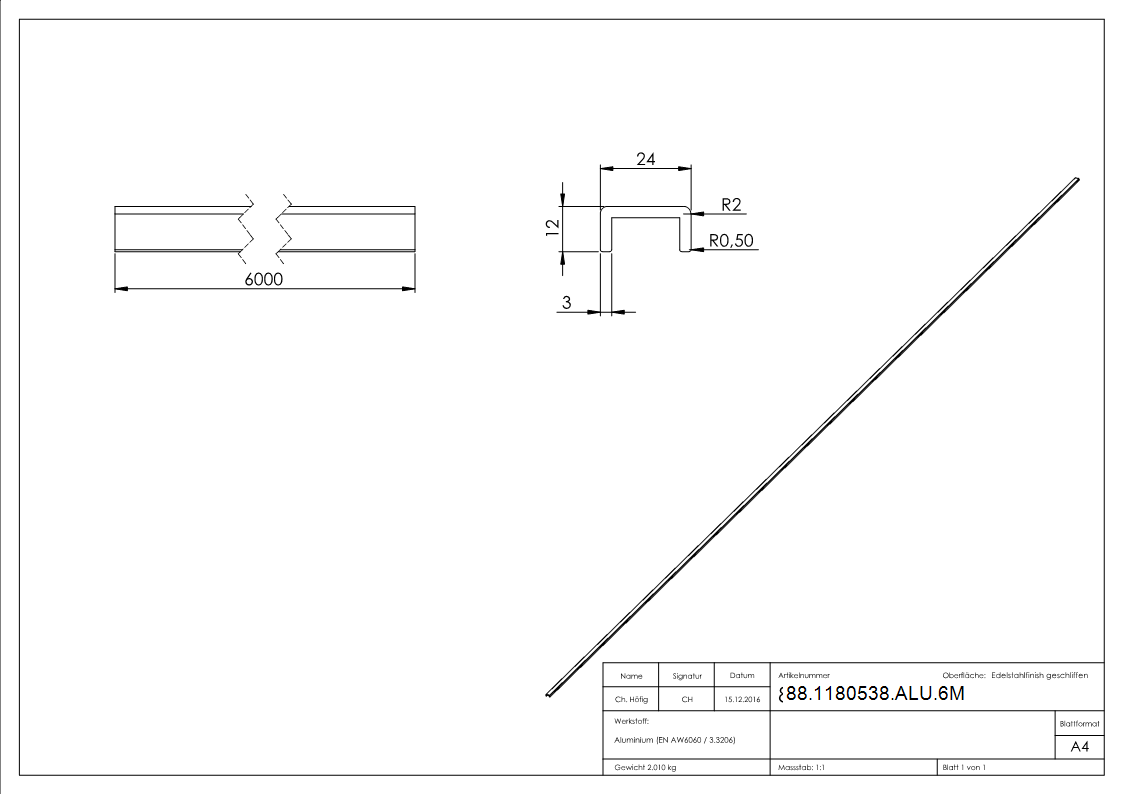 Profilé en U en aluminium, 24 x 12 x 3mm, longueur : 6000mm