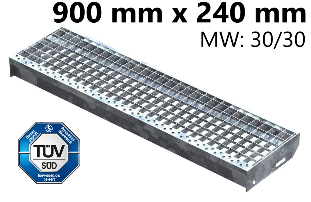 Marche en caillebotis Marche d'escalier | Dimensions : 900x240 mm 30/30 mm | S235JR (St37-2), galvanisé à chaud en bain complet