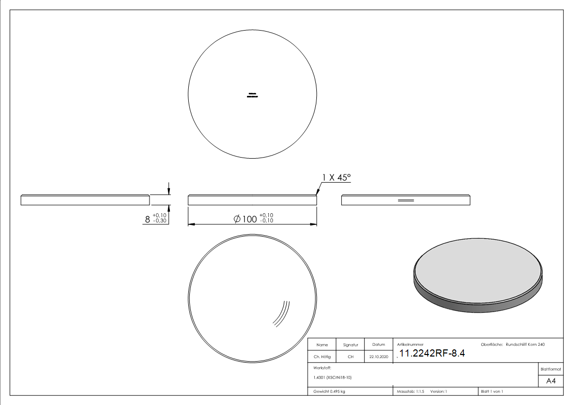 Ebauche circulaire | Dimensions : Ø 100x8 mm | avec meulage circulaire et chanfrein | V2A