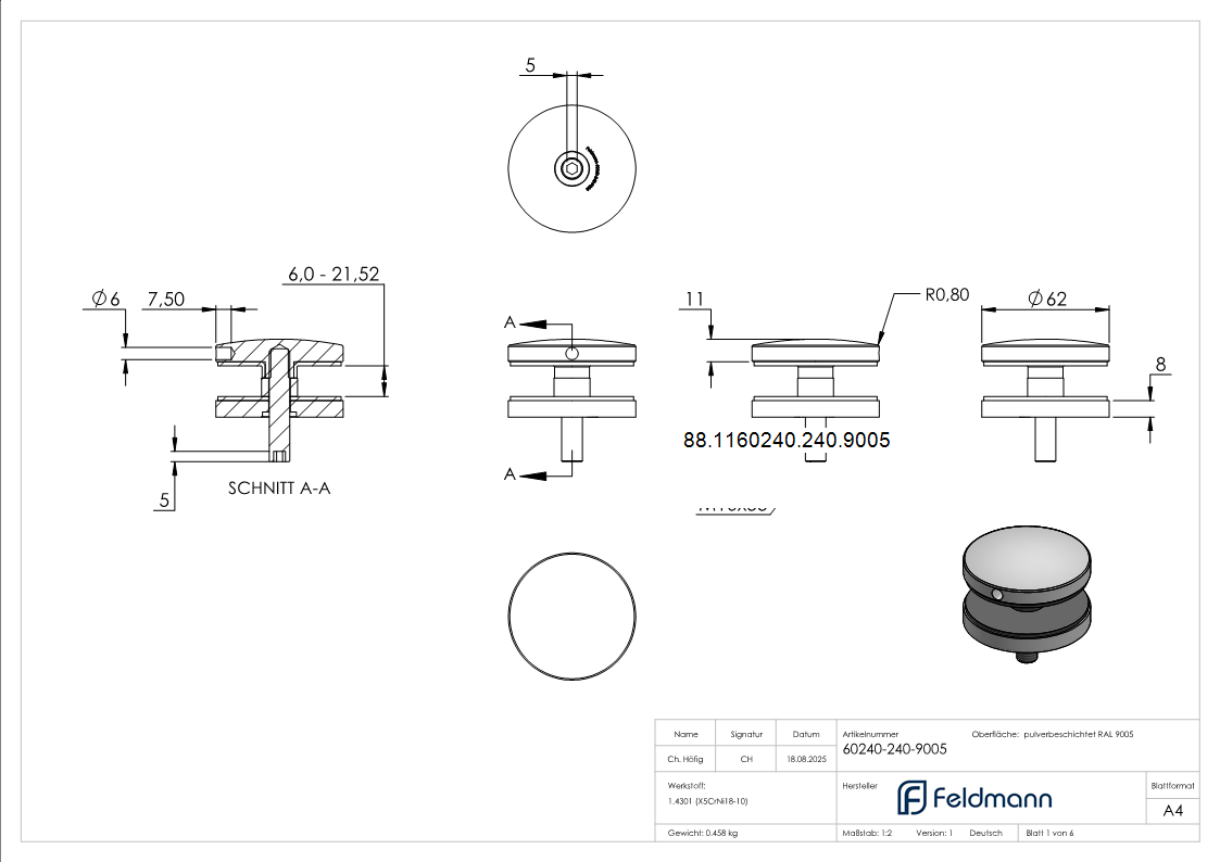 Glaspunkthalter 62mm- Anschluss- flach- V2A- pulverbeschichtet in RAL 9005 schwarz matt-88-1160240-240.9005