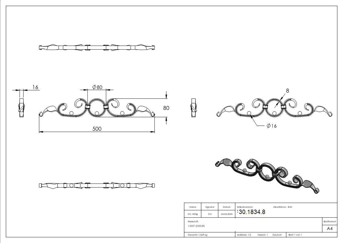 Élément baroque | Baroque lourd | Dimensions : 500x80 mm | Matériau : 16x8 mm, rainuré | Acier S235JR, brut