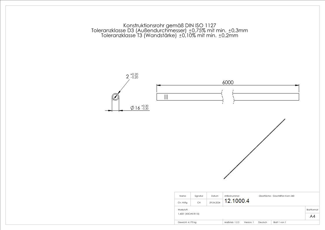 Tube rond Ø 16.0 x 2.0 mm á 6 m