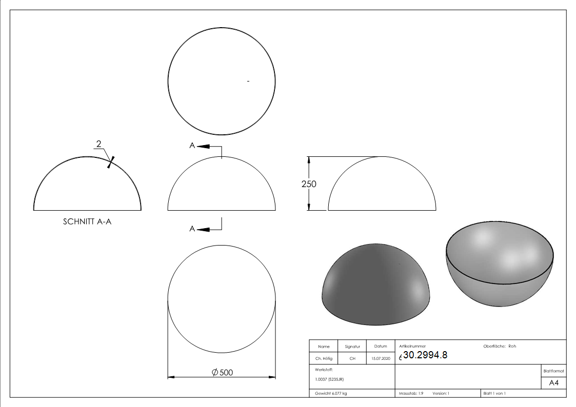Boule semi creuse Ø 500 mm | lisse | acier S235JR, brut