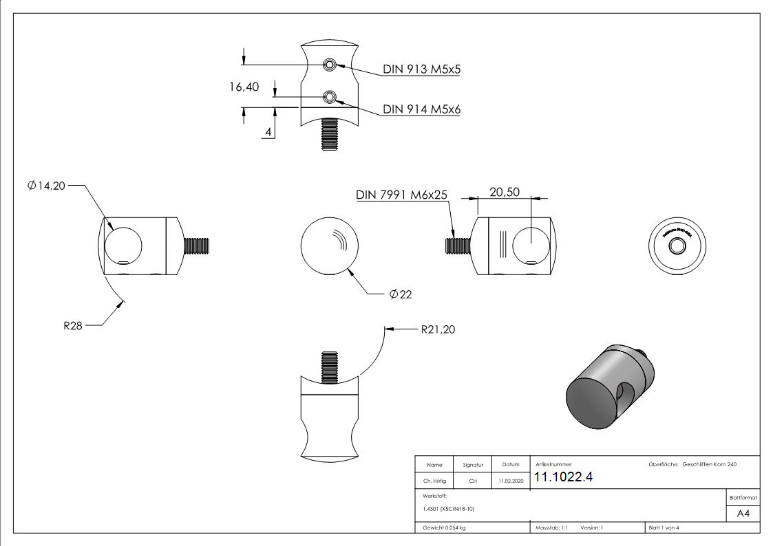 Support de barre transversale Ø 22 mm | raccord : 42,4 mm | avec trou : 14,2 mm | V2A