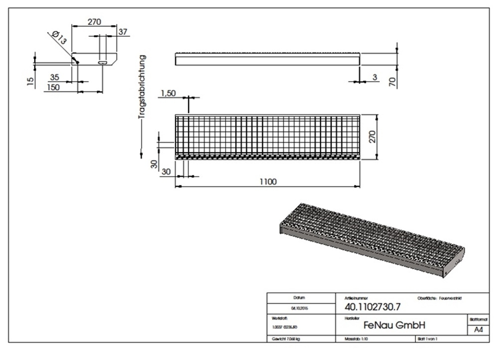 Marche en caillebotis Marche d'escalier | Dimensions : 1100x270 mm 30/30 mm | S235JR (St37-2), galvanisé à chaud en bain complet