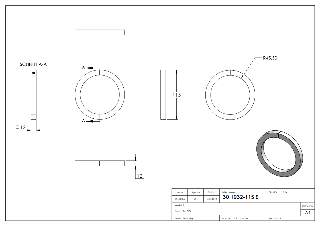 Anneau | Matériau : 12x12 mm | Ø extérieur 115 mm | Acier S235JR, brut