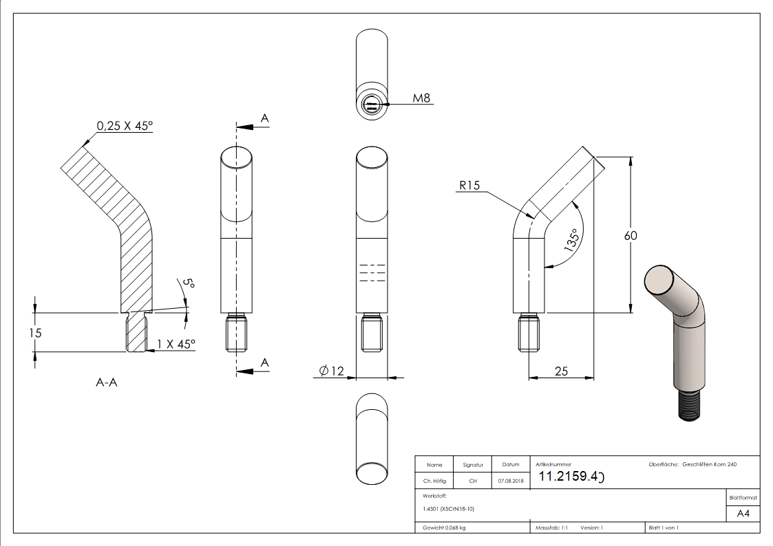 Goupille | coudée à 135° | dimensions : 60x12 mm | filetage : M8x15 mm | à souder sur | V2A