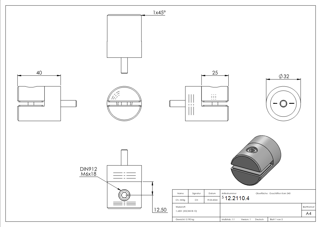 Support de tôle Ø 32 mm V2A plat/droit