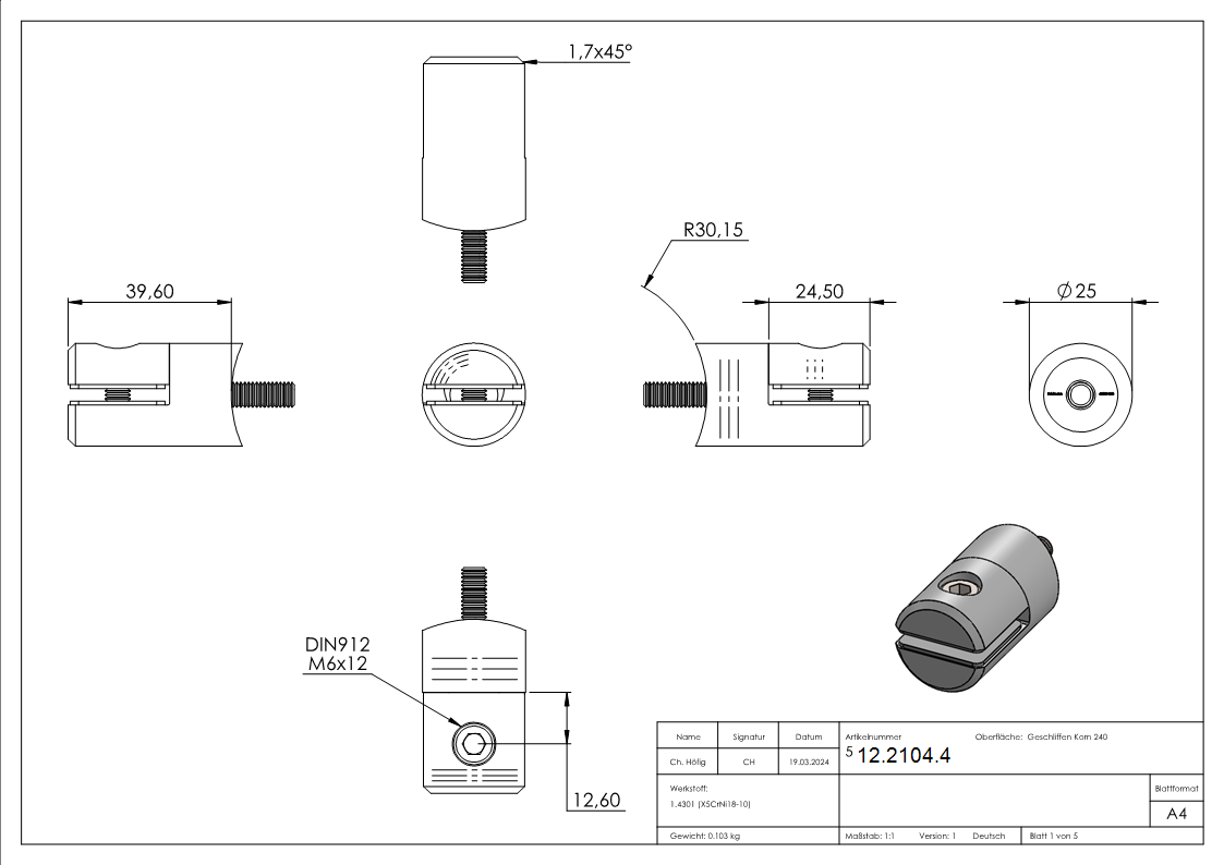 Support de tôle Ø 25 mm V2A pour connexion Ø 60,3 mm