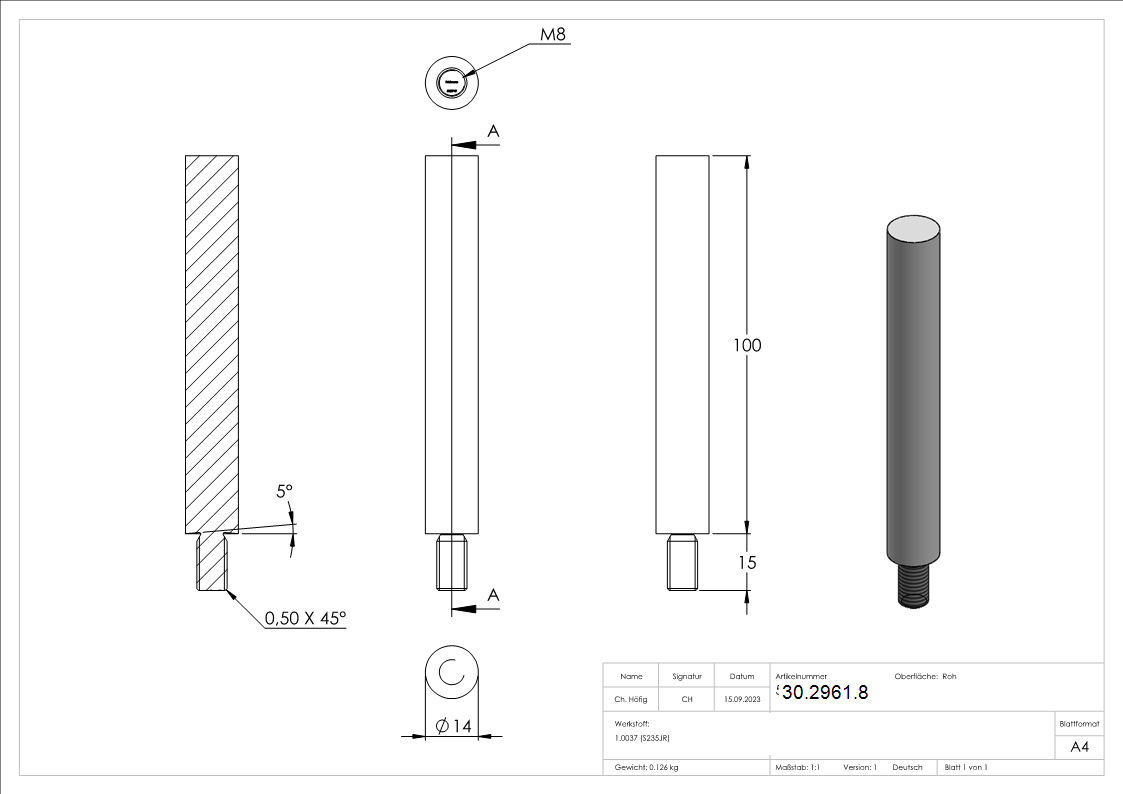 Goupille en acier | avec filetage M8 | dimensions : 100x14 mm | acier (brut) S235JR
