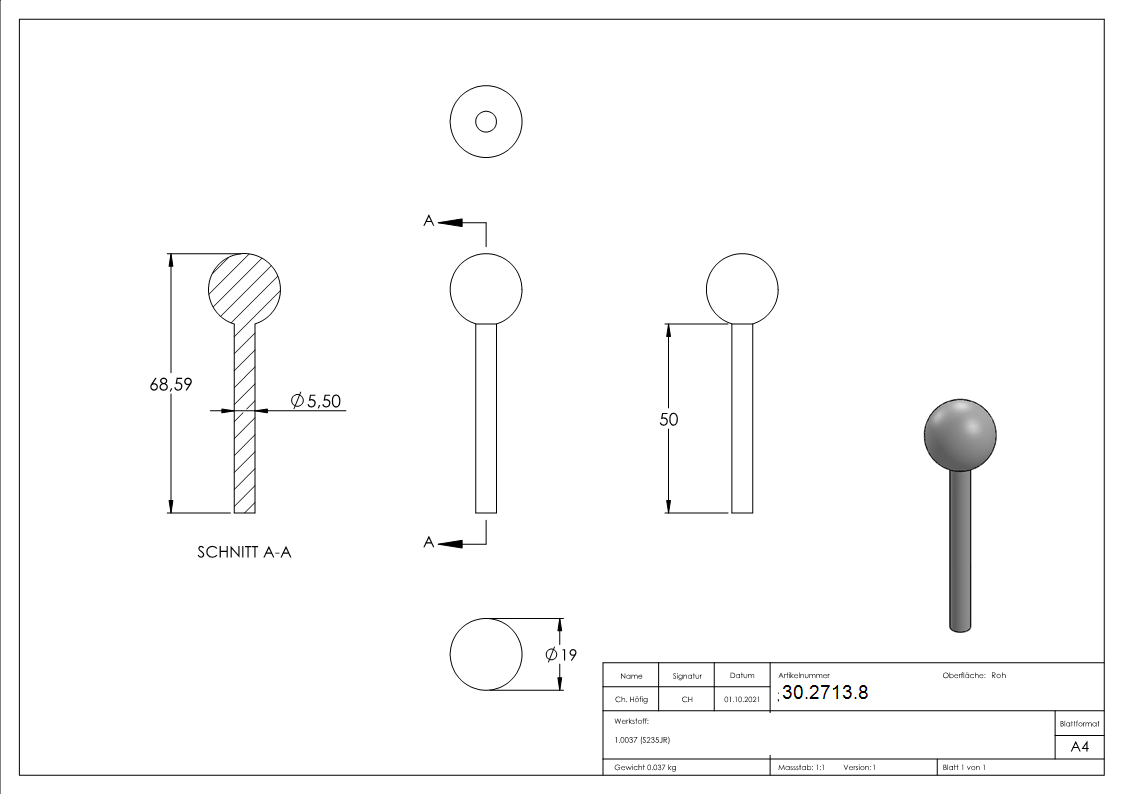 Boulon à tête sphérique Ø 5.5/19 mm | Acier S235JR, brut