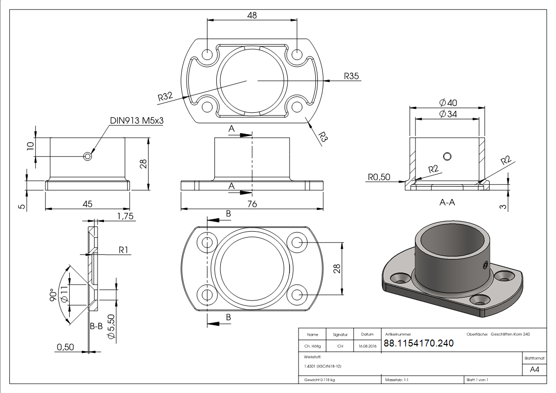 Ancrage au sol pour tube 33,7mm, V2A