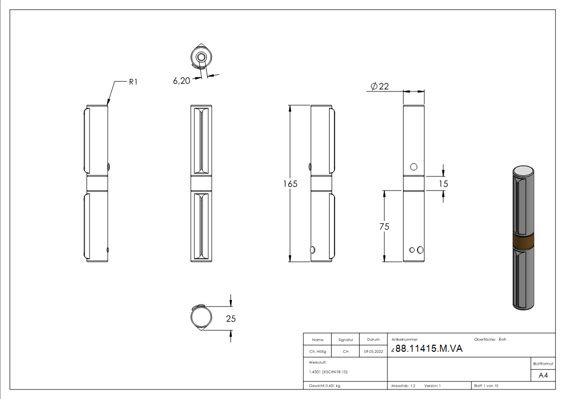 Charnière à souder, acier inoxydable V2A