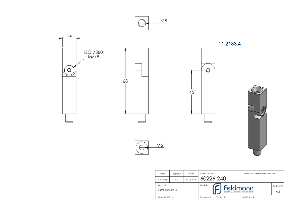 Goupille d'articulation | dimensions : 68x14x14 mm | avec filetage extérieur et intérieur | V2A