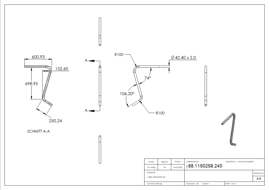 Débutant en col de cygne, à partir d'un tube de 42,4 x 2,6 mm, V2A