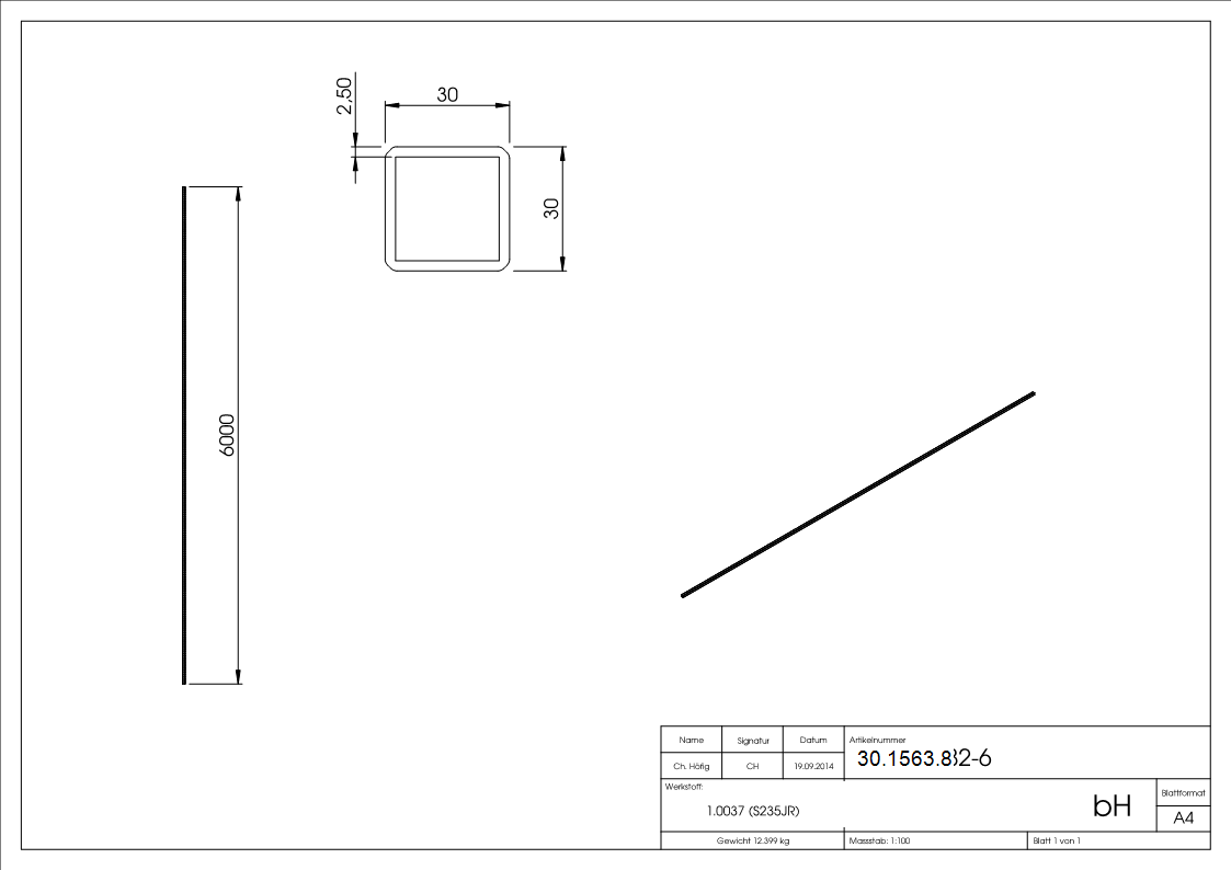 Tube carré | martelé | dimensions : 30x30x2.5 mm | longueur : 6000 mm | acier S235JR, brut