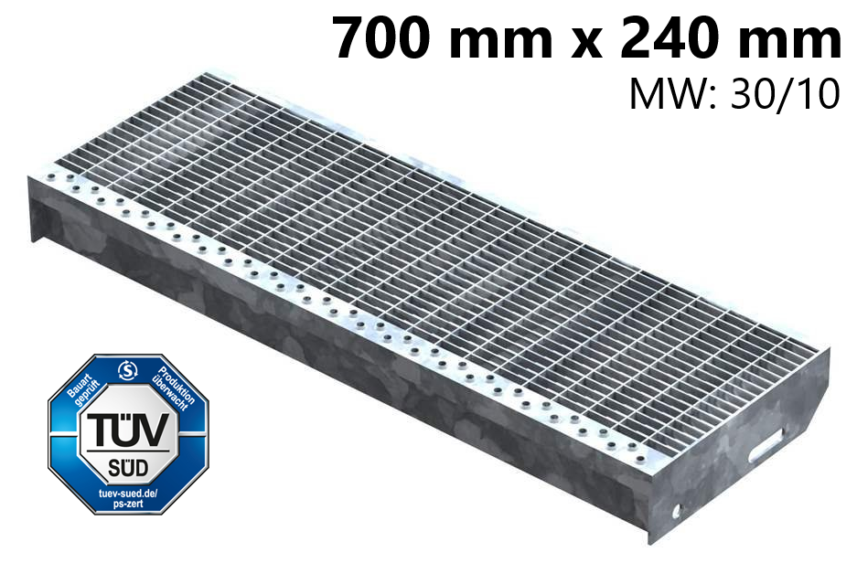 Marche en caillebotis Marche d'escalier | Dimensions : 700x240 mm 30/10 mm | S235JR (St37-2), galvanisé à chaud en bain complet