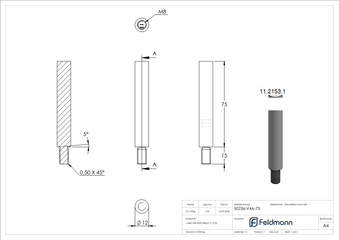 Broche | dimensions : 75x12 mm | filetage : M8x15 mm | à souder sur | V4A