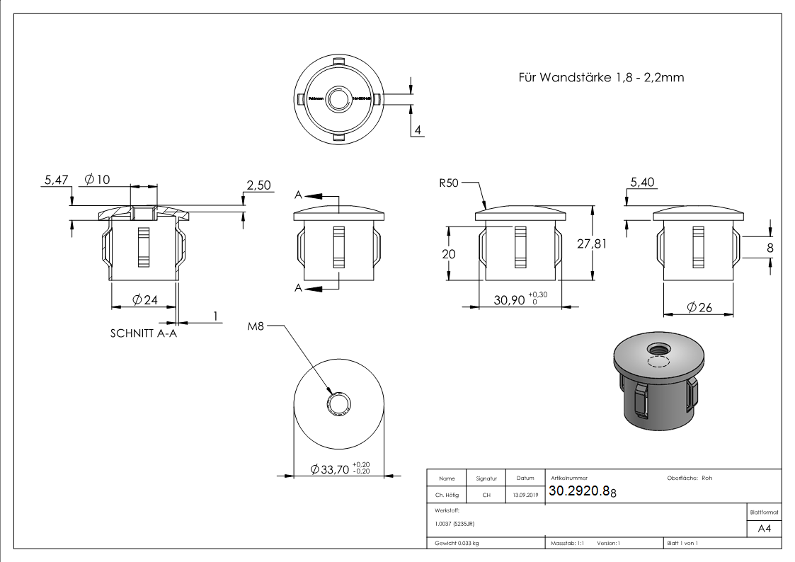 Bouchon en acier | légèrement courbé | avec M8 | pour tube rond Ø 33.7x1.8-2.2 mm | acier S235JR, brut