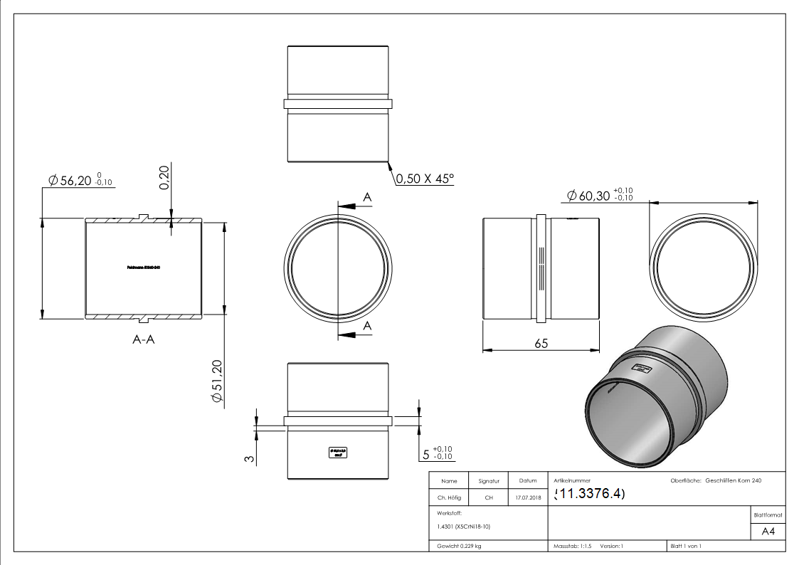Connecteur pour tube rond | Dimensions : Ø 60.3x2.0 mm | V2A