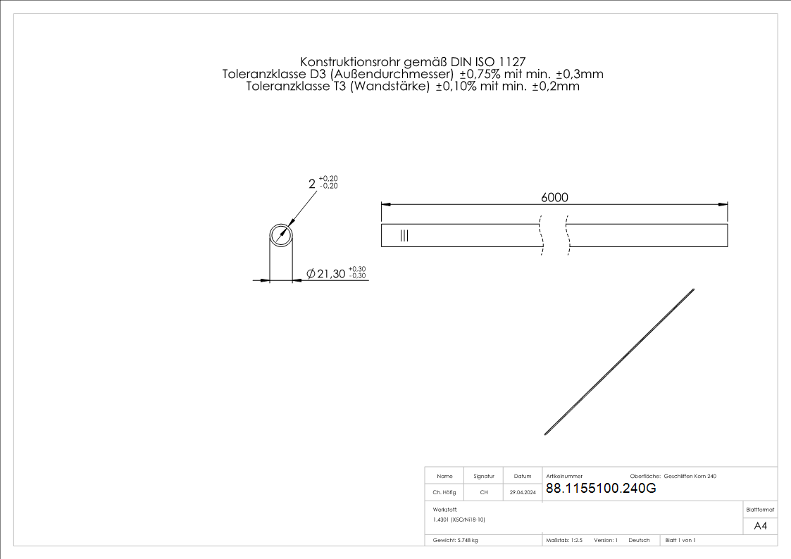 V2A tube grain 240 21,3x2,0mm recuit