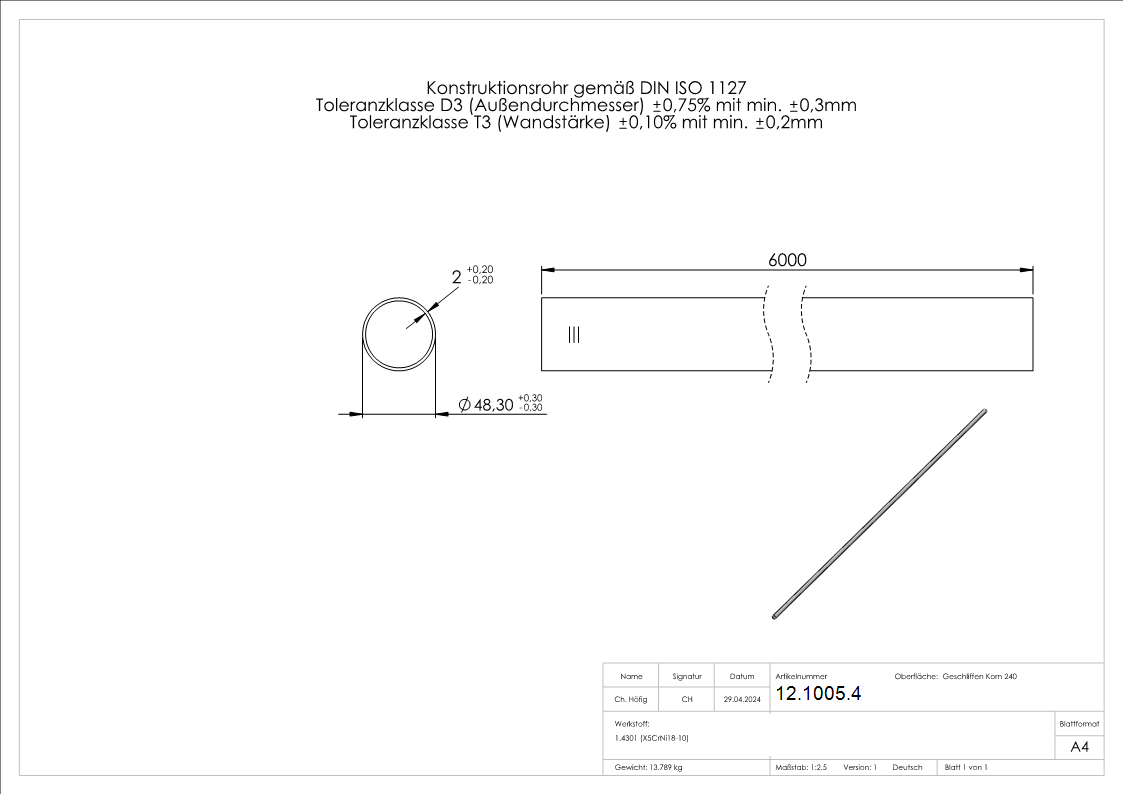 Tube rond Ø 48,3x2,0 mm V2A á 6 m