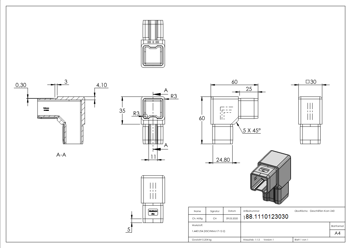 Connecteur 90° pour tube 30x30x2mm, V4A