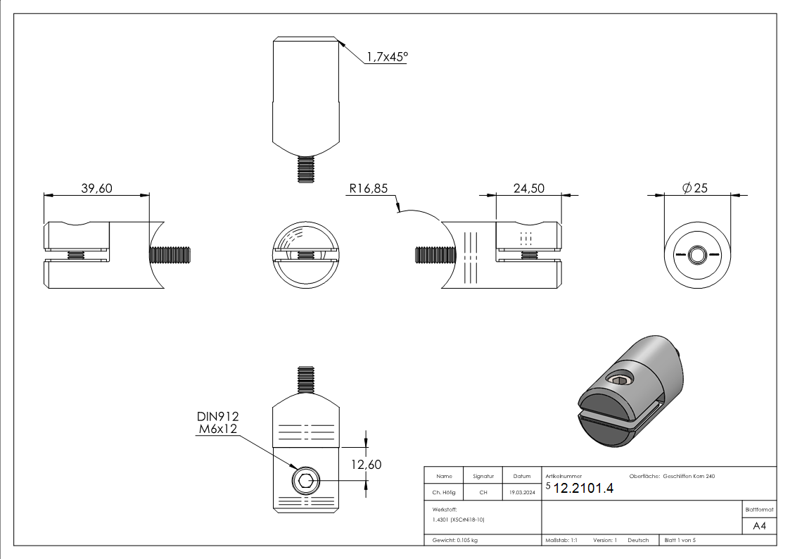 Support de tôle Ø 25 mm V2A pour connexion Ø 33,7 mm