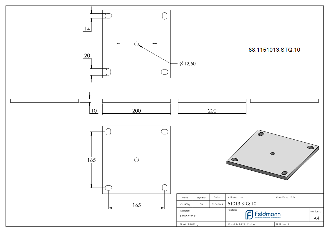 Plaque d'ancrage 200 x 200 x 10mm