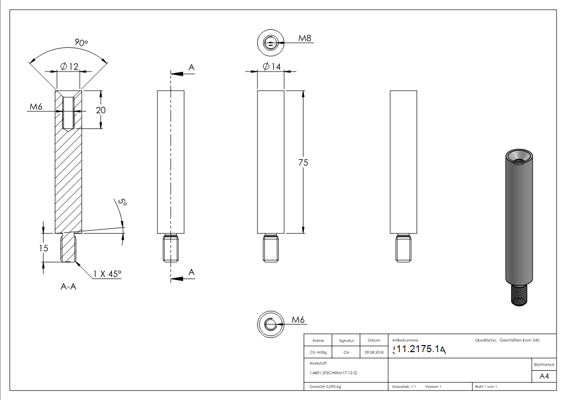 Dimensions de la goupille : 75x14 mm | avec filetage extérieur - et intérieur | V4A