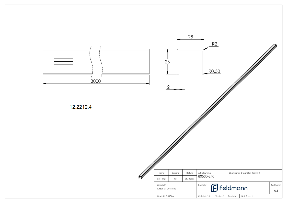 Protection des bords | Dimensions : 28x26x2 mm | Longueur : 3000 mm | V2A