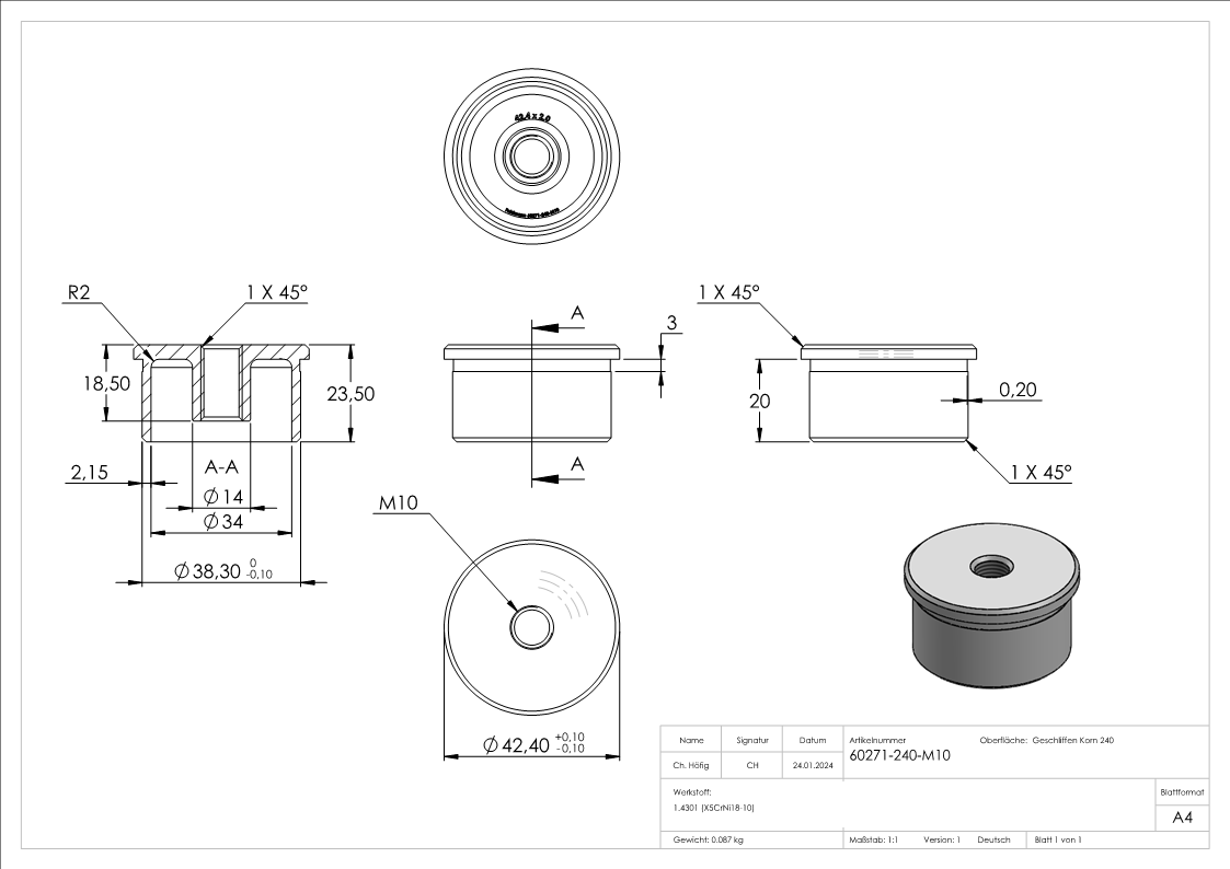 Bouchon à coller avec M10 pour 42,4 x 2,0mm, V2A