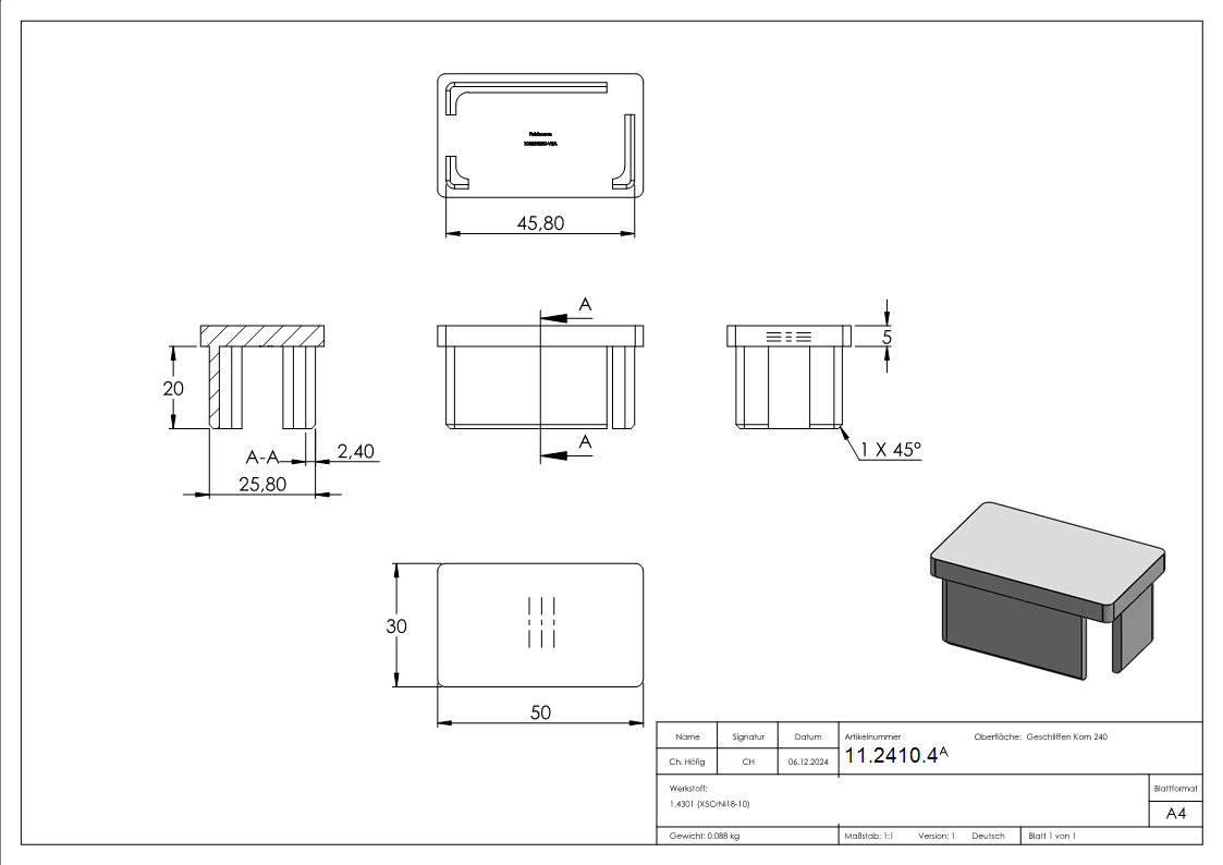 Bouchon V2A à coller pour tube 50x30x2,0 mm