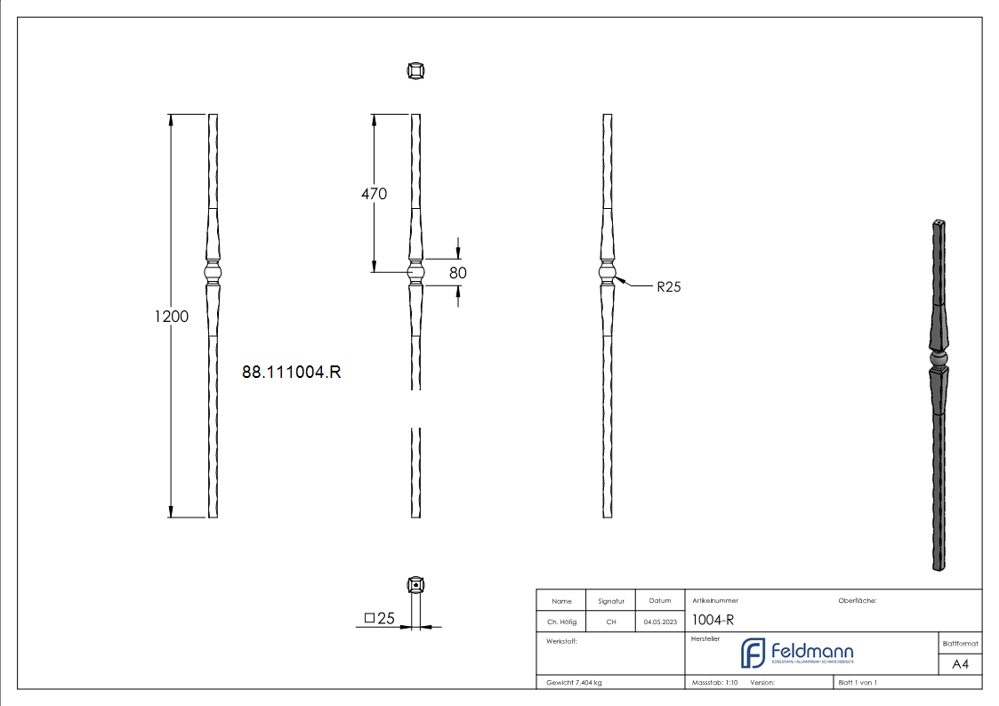Barre initiale avec bille ronde 25x25 L 1200 mm