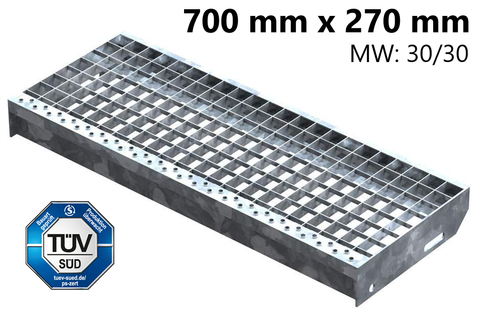 Marche en caillebotis Marche d'escalier | Dimensions : 700x270 mm 30/30 mm | S235JR (St37-2), galvanisé à chaud en bain complet