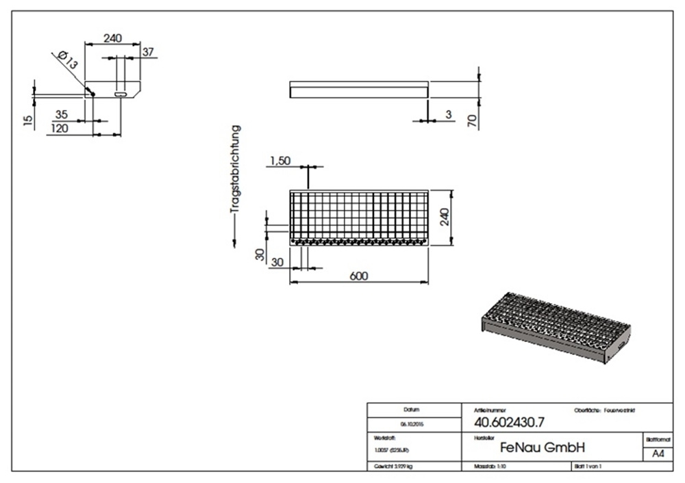 Marche en caillebotis Marche d'escalier | Dimensions : 600x240 mm 30/30 mm | S235JR (St37-2), galvanisé à chaud en bain complet