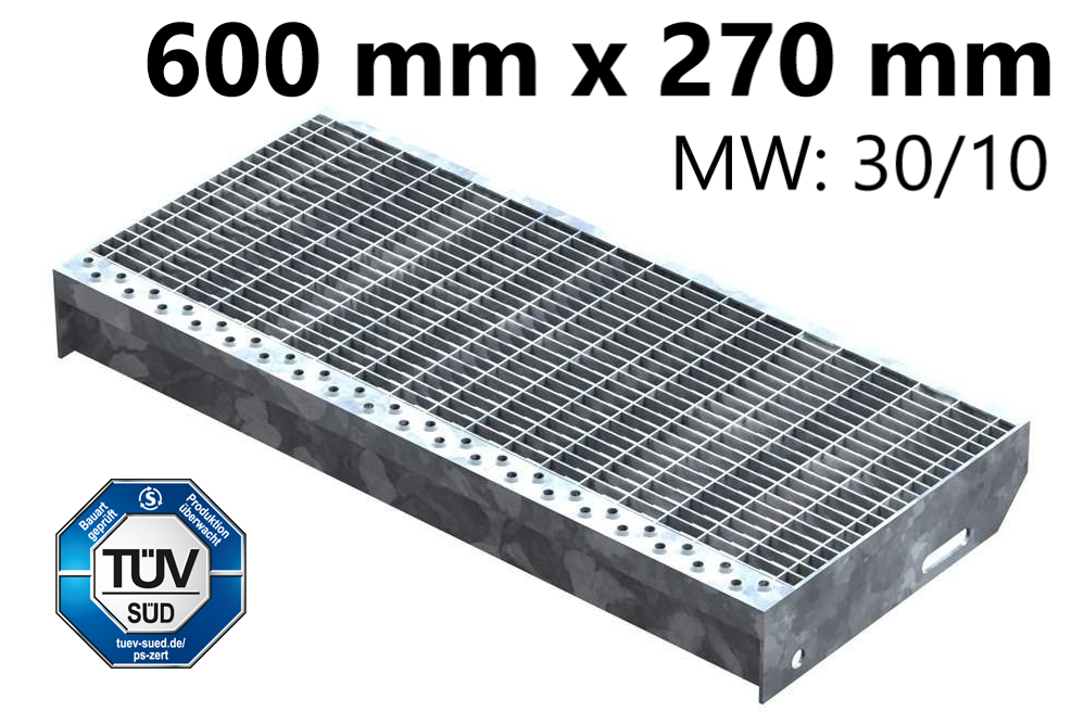 Marche en caillebotis Marche d'escalier | Dimensions : 600x270 mm 30/10 mm | S235JR (St37-2), galvanisé à chaud en bain complet