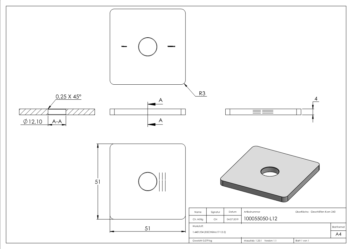 V4A capuchon plat pour QR 50x50 avec trou